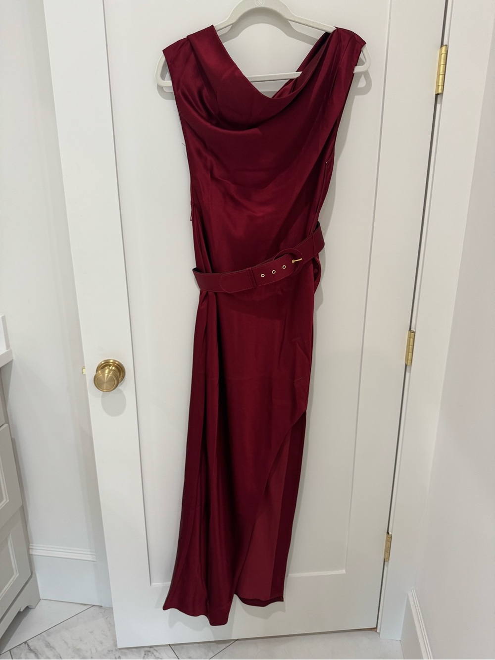 NICHOLAS One-Shoulder Burgundy Satin Gown with Belt - Picture 3 of 6